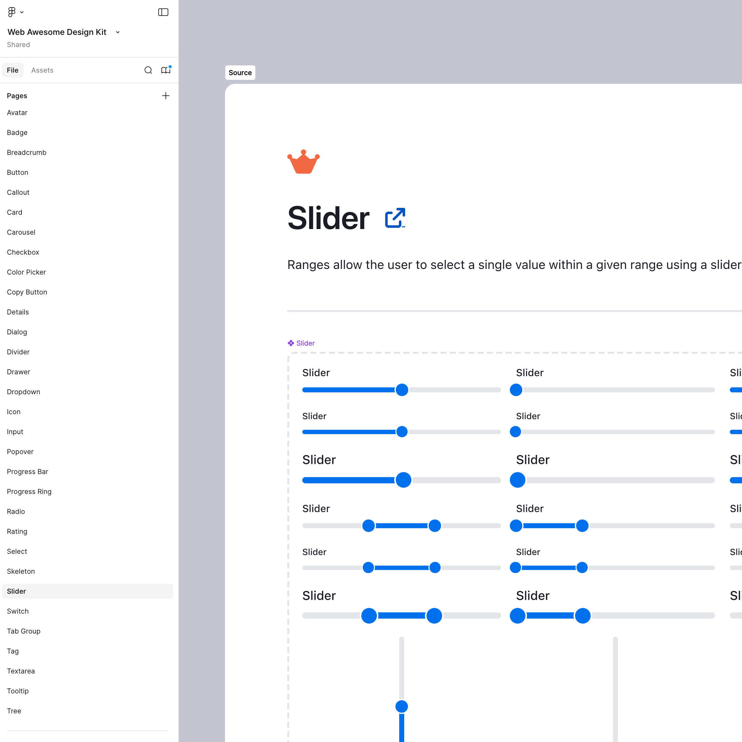 In Figma: a sidebar with a list of pages for components in the design kit. The Slider page is open, and the source for the Slider component is on the main canvas.